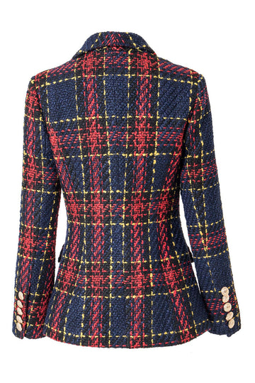 Blå Rød Slim Retro Lapel Plaid Women Blazer